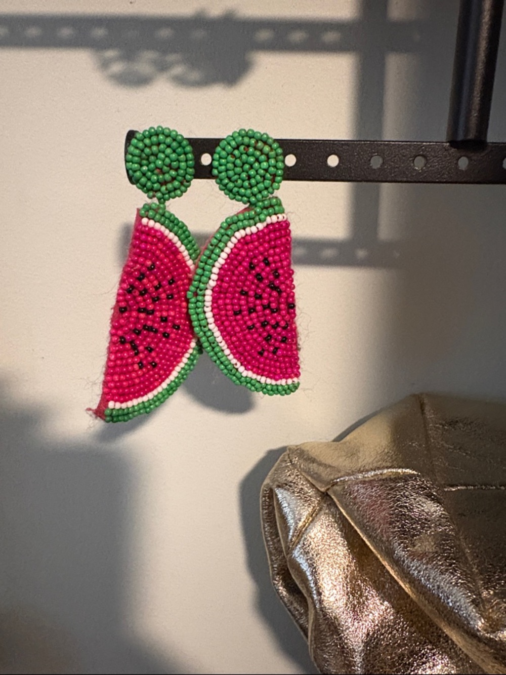 Beaded Watermelon Slice Statement Earrings - Pink & Green